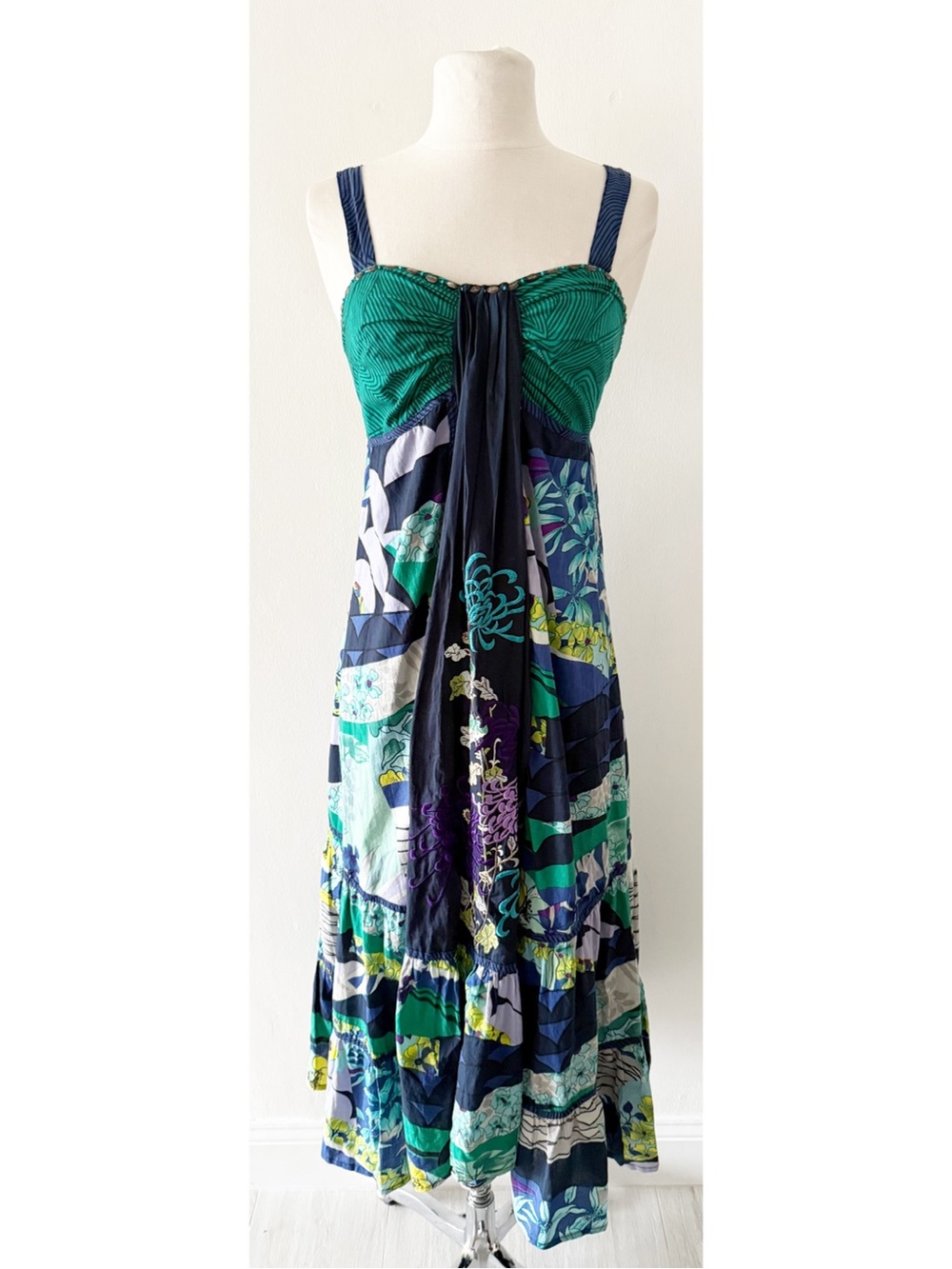 Cotton Collection Boho Green & Blue Floral Patchwork Embroidered Maxi Dress XXS